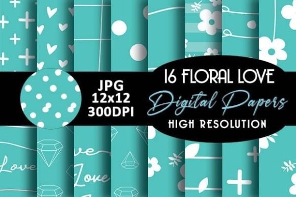 Mint Love Floral Patterns Digital Paper: 16 Pink Roses Backgrounds for Effortless Creative Projects