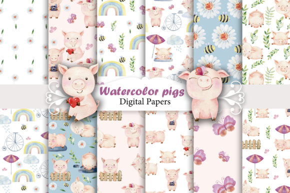 Watercolor Seamless Patterns with Pigs