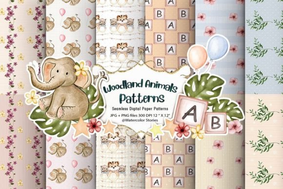Woodland Elephant Patterns: Hand-Painted Watercolor Digital Papers for Thoughtful Design